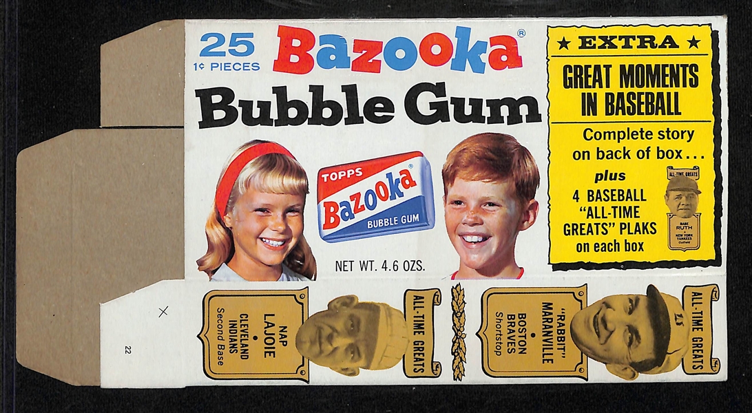 1969-70 Bazooka Baseball All-Time Greats Complete Box with Babe Ruth Calls Shot in Series Game, Mack, Walsh, Lajoie, Maranville (Missing one Tab)