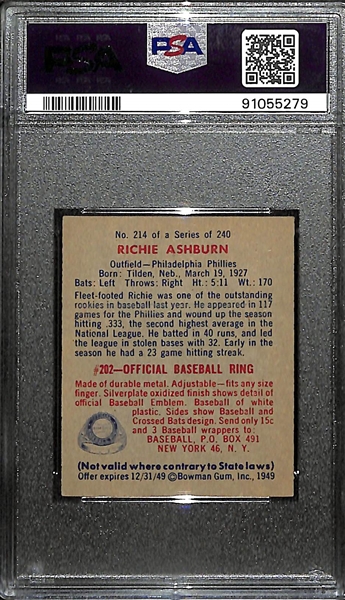 1949 Bowman Richie Ashburn Rookie Card  #214 Graded PSA 5