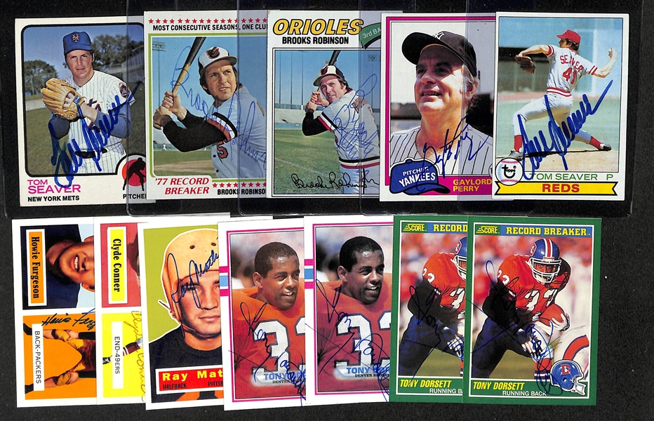 Lot of (12) Signed Hall of Fame Baseball Cards including 1973 Topps Tom Seaver, 1979 Topps Tom Seaver, (4) Tony Dorsett, and more! (Beckett BAS Reviewed)