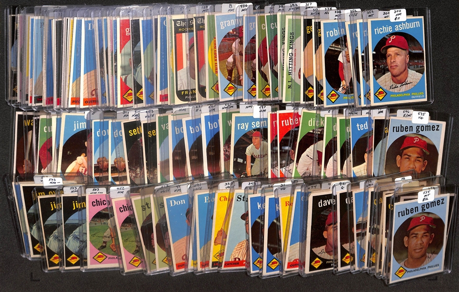 Lot of (89) High Quality 1959 Phillies Baseball Cards w. Ashburn, Ashburn/Mays, Roberts, & Anderson