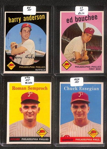 Lot of (89) High Quality 1959 Phillies Baseball Cards w. Ashburn, Ashburn/Mays, Roberts, & Anderson