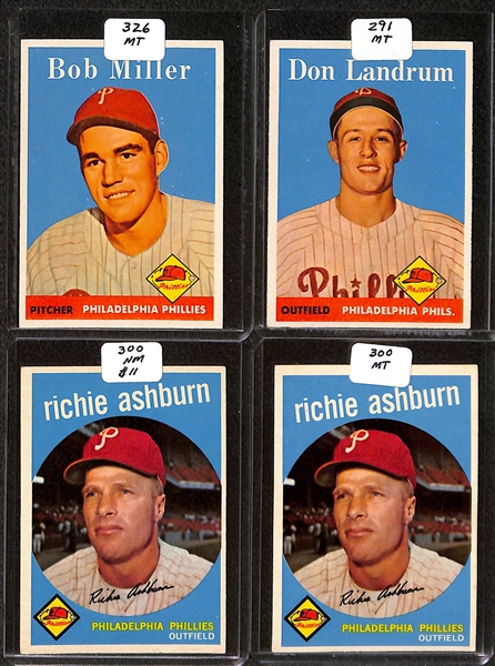 Lot of (89) High Quality 1959 Phillies Baseball Cards w. Ashburn, Ashburn/Mays, Roberts, & Anderson