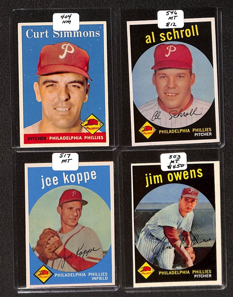 Lot of (89) High Quality 1959 Phillies Baseball Cards w. Ashburn, Ashburn/Mays, Roberts, & Anderson