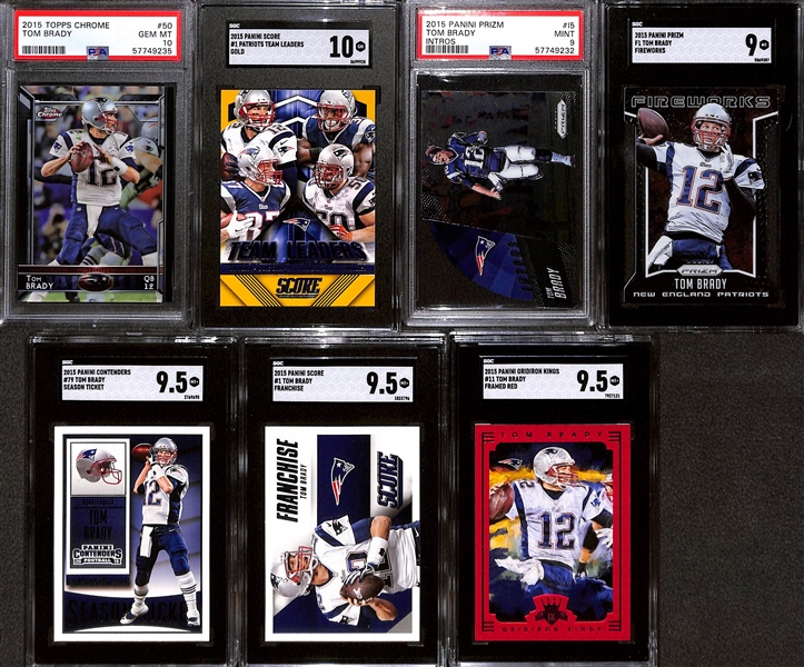 Lot of (7) Graded 2015 Tom Brady Cards w. Topps Chrome PSA 10 & Panini Score Team Leaders Gold SGC 10