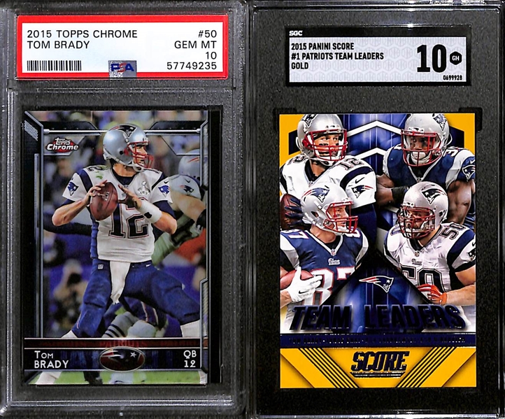 Lot of (7) Graded 2015 Tom Brady Cards w. Topps Chrome PSA 10 & Panini Score Team Leaders Gold SGC 10