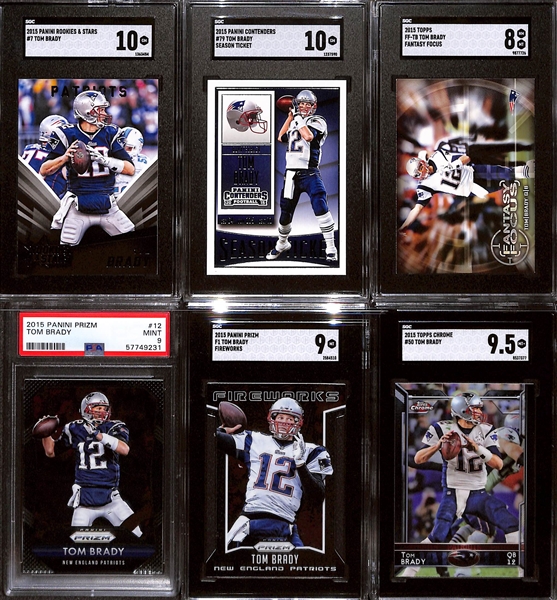 Lot of (6) Graded 2015 Tom Brady Cards w. Panini Rookie & Stars SGC 10 & Panini Contenders Season Ticket SGC 10