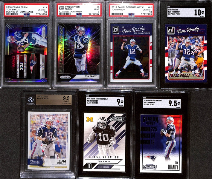 Lot of (7) Graded 2016 Tom Brady Cards w. Panini Prizm Decade of Dominance PSA 10