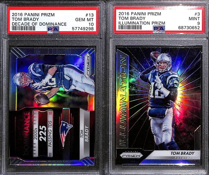 Lot of (7) Graded 2016 Tom Brady Cards w. Panini Prizm Decade of Dominance PSA 10