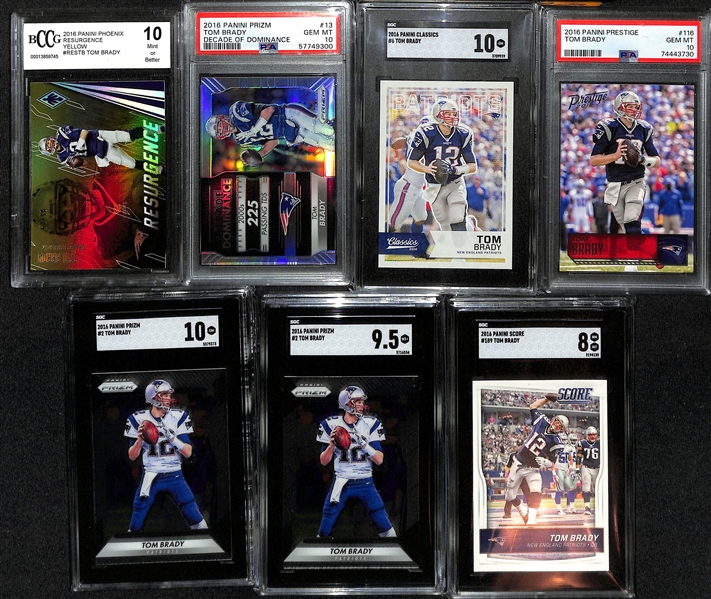 Lot of (7) Graded 2016 Tom Brady Cards w. Panini Phoenix Resurgence Yellow (#/99) BCCG 10 & Panini Prizm Decade of Dominance PSA 10