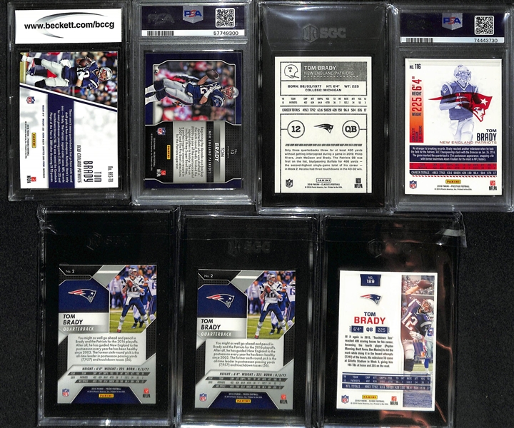 Lot of (7) Graded 2016 Tom Brady Cards w. Panini Phoenix Resurgence Yellow (#/99) BCCG 10 & Panini Prizm Decade of Dominance PSA 10