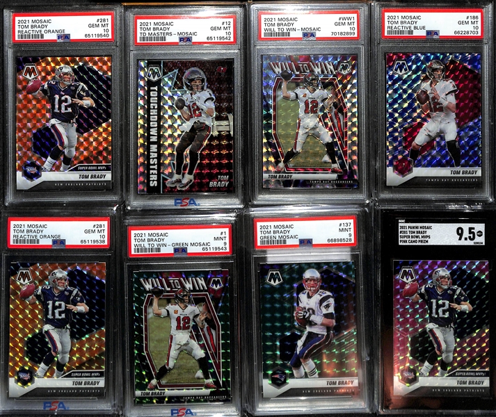 Lot of (8) Graded 2021 Panini Mosaic Tom Brady Cards w. Panini Mosaic Reactive Orange PSA 10