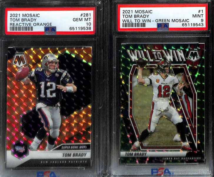 Lot of (8) Graded 2021 Panini Mosaic Tom Brady Cards w. Panini Mosaic Reactive Orange PSA 10