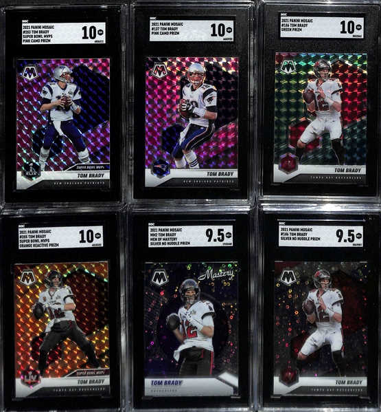 Lot of (6) SGC Graded 2021 Panini Mosaic Prizm Tom Brady Cards w. Super Bowl MVP Pink Camo Prizm SGC 10