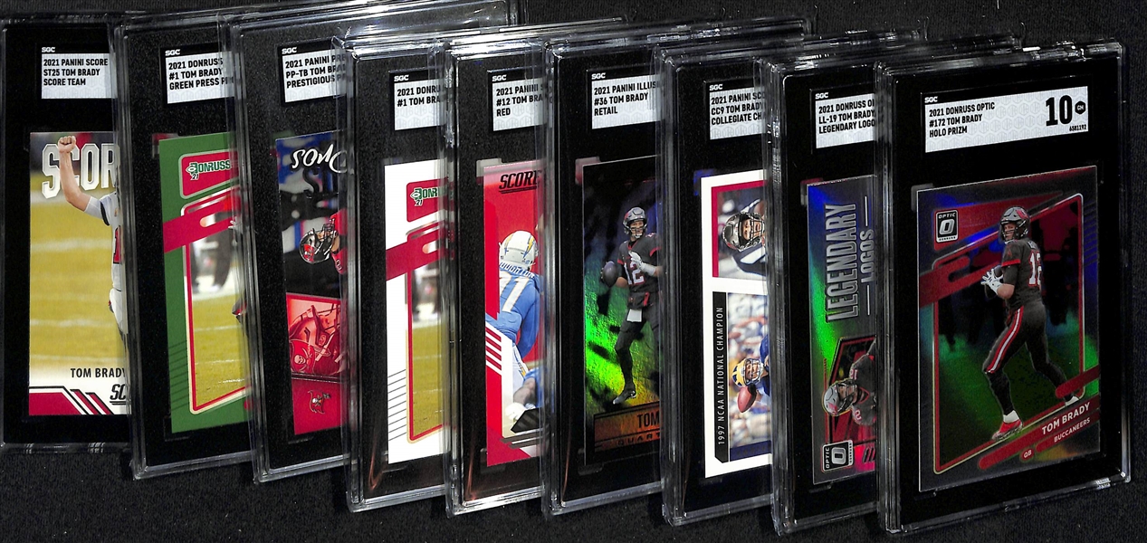 Lot of (9) SGC Graded 2021 Tom Brady Cards w. Donruss Optic Holo Prizm SGC 10 & Donruss Optic Legendary Logos SGC 10