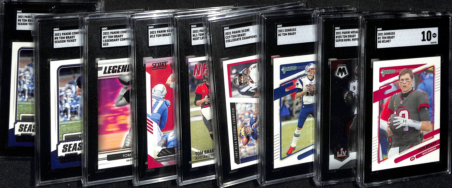 Lot of (9) SGC Graded 2021 Tom Brady Cards w. Donruss No Helmet SGC 10 & Mosaic Super Bowl MVPS SGC 10