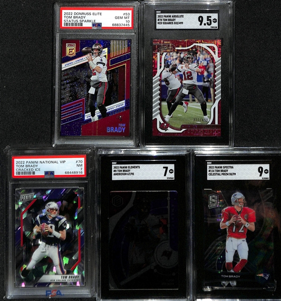 Lot of (5) Graded and Numbered 2022 Tom Brady Cards w. Donruss Elite Status Sparkle (#/275) PSA 10.