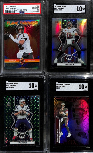 Lot of (8) Graded 2022 Tom Brady Cards w.  Phoenix Flame Throwers-Teal (#/150) PSA 10 & Mosaic Silver Prizm SGC 10 