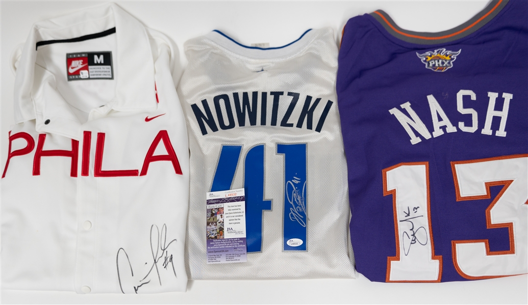 (3) Signed Basketball Items - Steve Nash Signed Jersey, Dirk Nowitzki Signed Jersey (Smeared Signature), Andre Iguodala Signed Warm-Up Jacket (JSA Auction Letter)