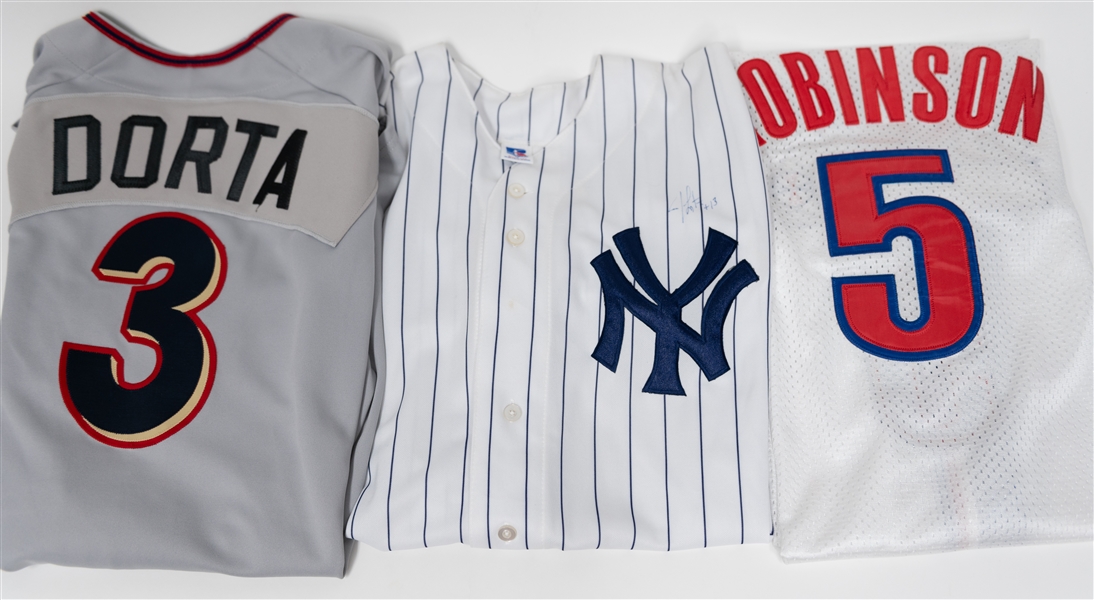 Jim Leyritz Signed Yankees Jersey, Harrisburg Senators Game-Used Jersey (Melvin Dorta), & Unsigned Team USA David Robinson Jersey (JSA Auction Letter for the Jim Leyritz Autograph)