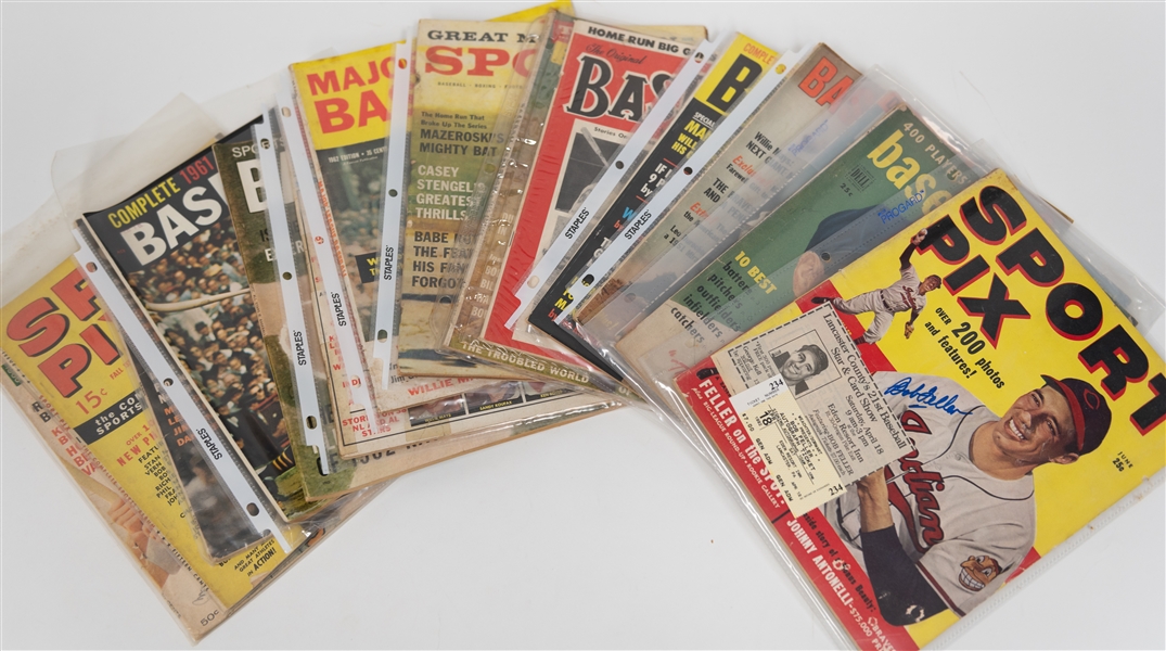 Lot of (15) 1949-1966 Baseball Magazines w. Autographed Bob Feller 1949 Sport Pix Magazine (JSA Auction Letter)