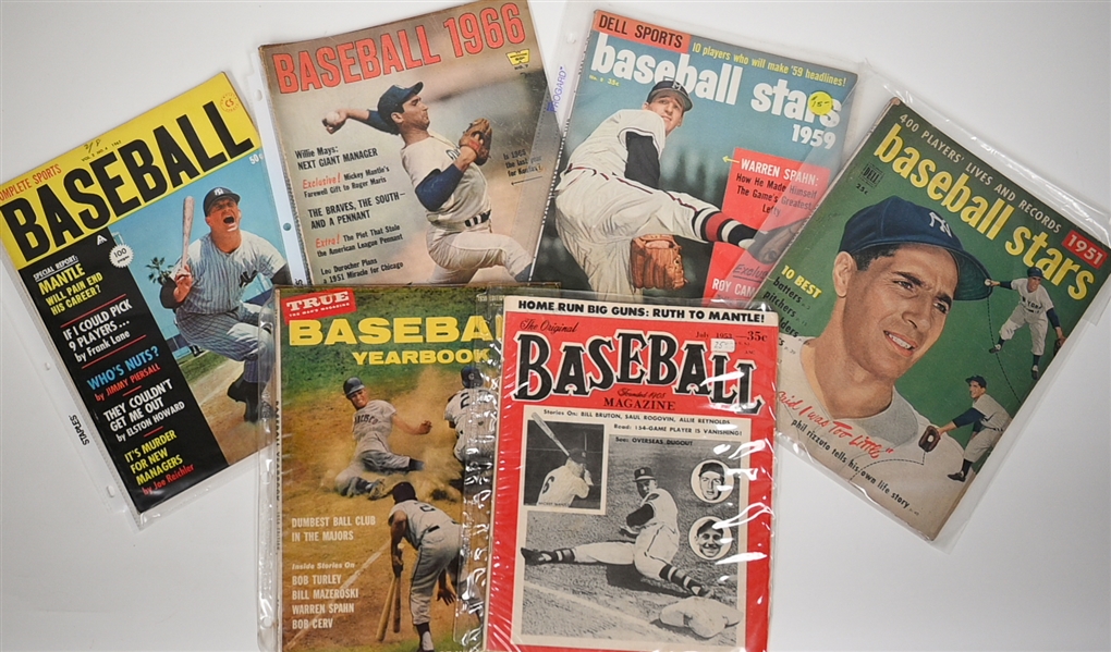 Lot of (15) 1949-1966 Baseball Magazines w. Autographed Bob Feller 1949 Sport Pix Magazine (JSA Auction Letter)