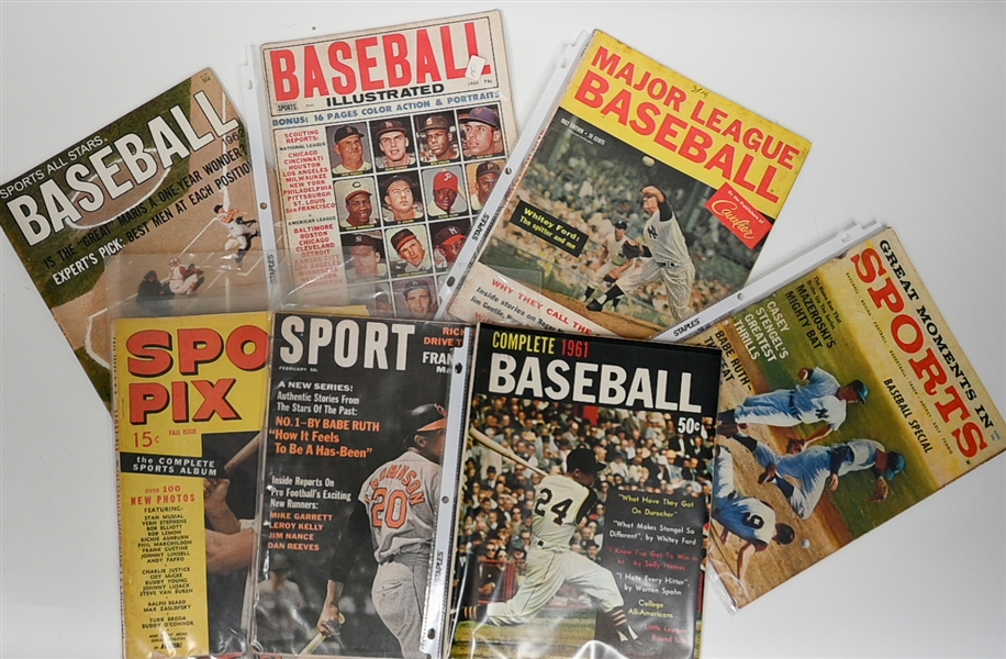 Lot of (15) 1949-1966 Baseball Magazines w. Autographed Bob Feller 1949 Sport Pix Magazine (JSA Auction Letter)