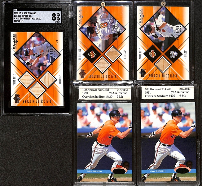 Rare Cal Ripken Cards Inc. 2000 UD Black Diamond Triple Bat 1/1 Piece of History, (2) 1991 Stadium Club Error Cards, & (2) 2000 Black Diamond Bat Relic Cards