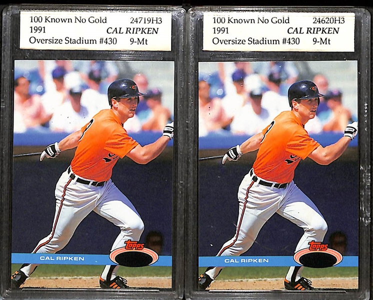 Rare Cal Ripken Cards Inc. 2000 UD Black Diamond Triple Bat 1/1 Piece of History, (2) 1991 Stadium Club Error Cards, & (2) 2000 Black Diamond Bat Relic Cards