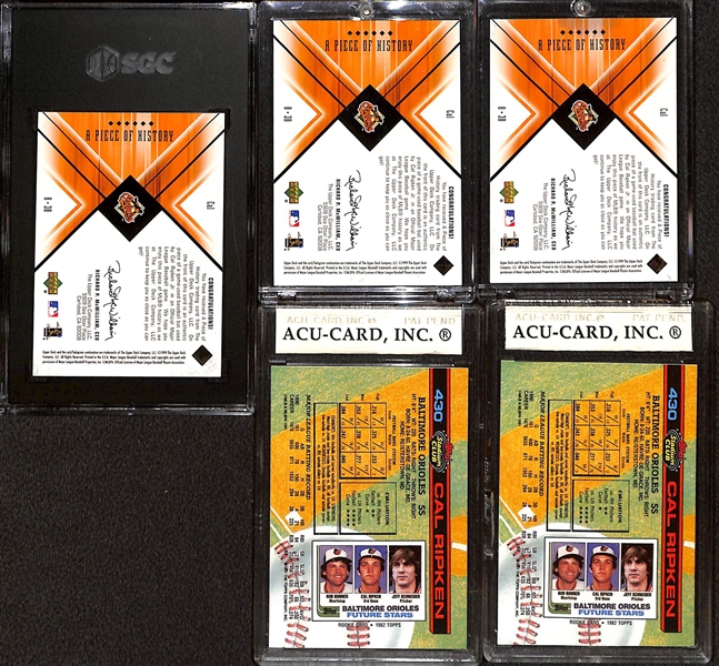 Rare Cal Ripken Cards Inc. 2000 UD Black Diamond Triple Bat 1/1 Piece of History, (2) 1991 Stadium Club Error Cards, & (2) 2000 Black Diamond Bat Relic Cards