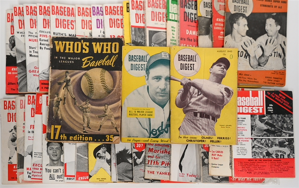 (33) 1945-1969 Baseball Digest Magazines w. Maris, Mantle, Ruth, Carew, Seaver, Bench & 1949 Who's Who in the  Major Leagues 17th Edition w. Rex Barney Auto