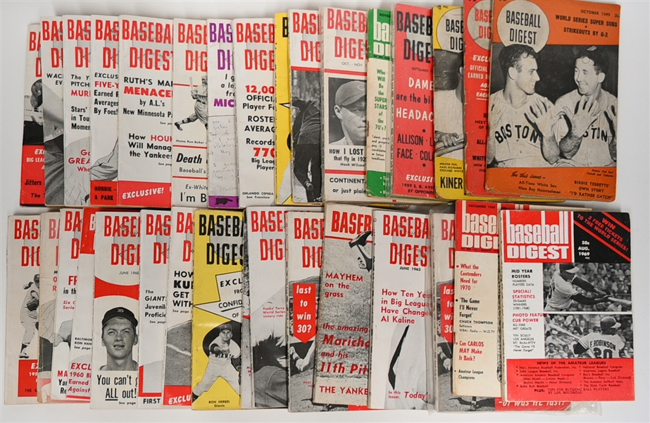 (33) 1945-1969 Baseball Digest Magazines w. Maris, Mantle, Ruth, Carew, Seaver, Bench & 1949 Who's Who in the  Major Leagues 17th Edition w. Rex Barney Auto