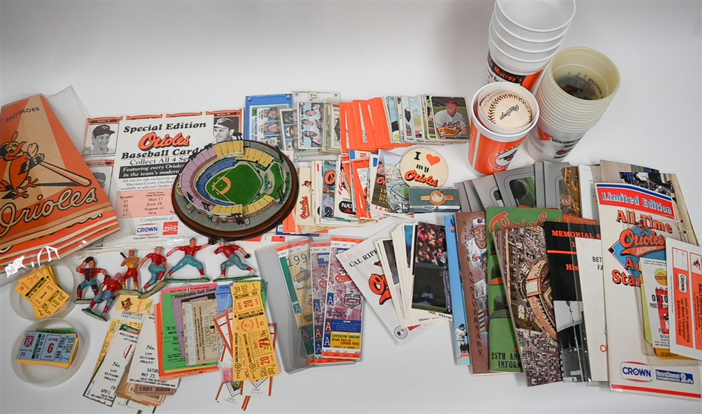 Assorted Lot of Orioles Memorabilia - Cards, Ticket Stubs, Schedules, Cups, More w. Danbury Mint Baltimore Memorial Stadium