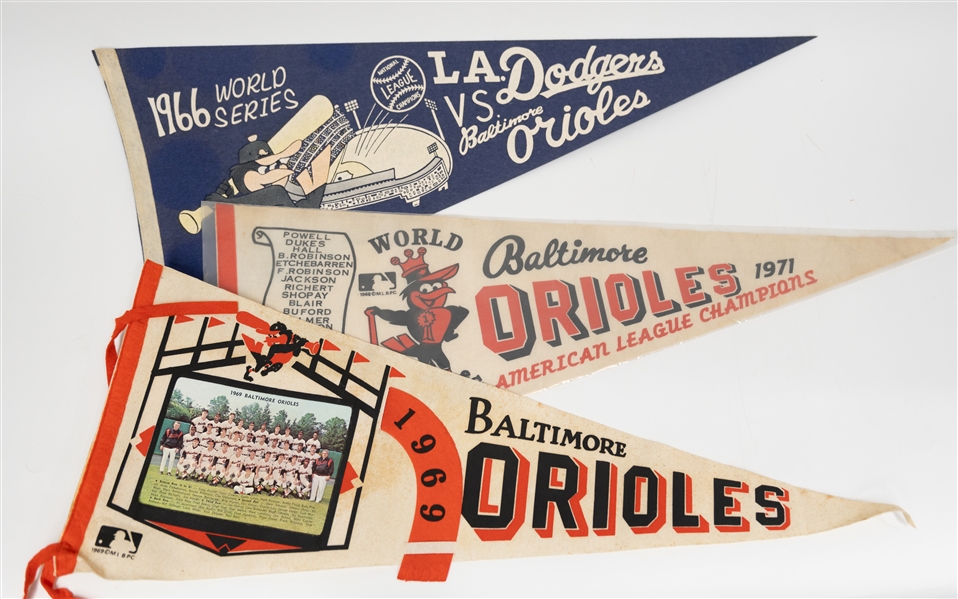 (13) 1966-1971 Baseball Pennants w. 1966 World Series, 1962 Yankees Photo Pennant, 1971 Orioles WS Champs, 1969 Orioles Photo Pennant, 1969 Orioles WS 