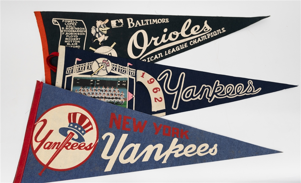 (13) 1966-1971 Baseball Pennants w. 1966 World Series, 1962 Yankees Photo Pennant, 1971 Orioles WS Champs, 1969 Orioles Photo Pennant, 1969 Orioles WS 