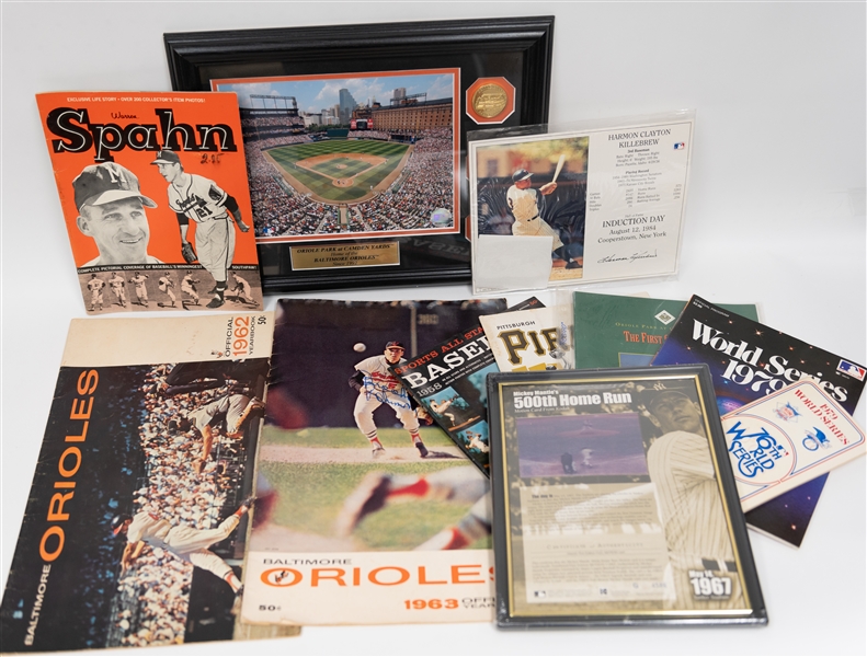 Baseball Memorabilia w. Orioles Danbury Mint Display, 1963 Orioles Yearbook (Signed by Brooks Robinson), Warren Spahn Signed Magazine, Mickey Mantle Kodak 3D Display, +