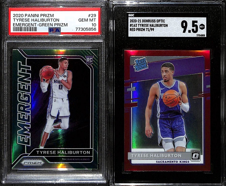 Tyrese Haliburton 2020-21 Rookie Lot w. Optic Red Prizm (#71/99) SGC 9.5 & Emergent Prizm Green Prizm PSA 10