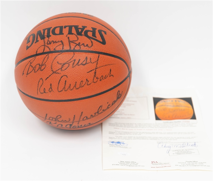 Boston Celtics Multi-Autographed/Signed Basketball w. HOFers Bird, Cousy, Russell, Auerback, Jones & Havlicek