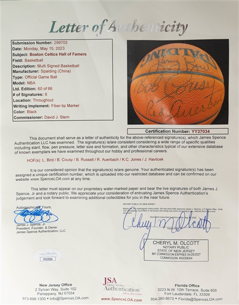 Boston Celtics Multi-Autographed/Signed Basketball w. HOFers Bird, Cousy, Russell, Auerback, Jones & Havlicek