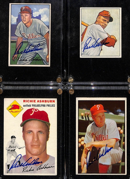 Lot of (4) High Quality 1950s Richie Ashburn Signed Cards - 1952 Bowman, 1950 Bowman, 1953 Bowman, 1954 Topps (Beckett BAS Reviewed) 