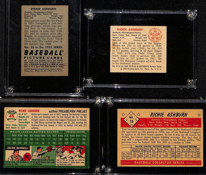 Lot of (4) High Quality 1950s Richie Ashburn Signed Cards - 1952 Bowman, 1950 Bowman, 1953 Bowman, 1954 Topps (Beckett BAS Reviewed) 