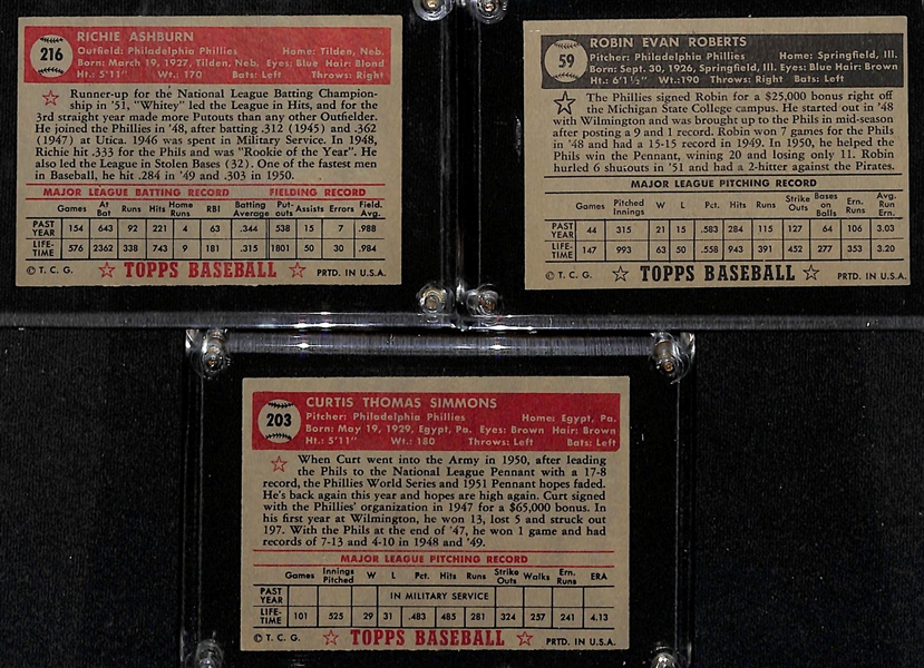 Lot of (3) High Quality 1952 Topps Phillies Signed Cards - Richie Ashburn, Robin Roberts, Curt Simmons (Beckett BAS Reviewed)