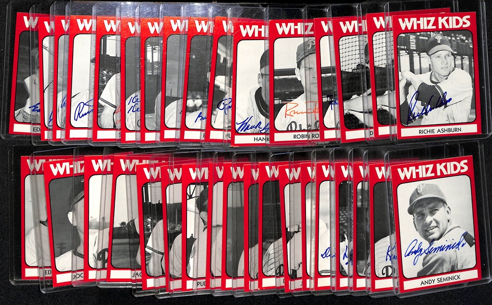 Lot of (34) 1980 TCMA Phillies Whiz Kids Cards w. (21) Autographs including Richie Ashburn, (2) Robin Roberts, (2) Del Ennis, + (Beckett BAS Reviewed)