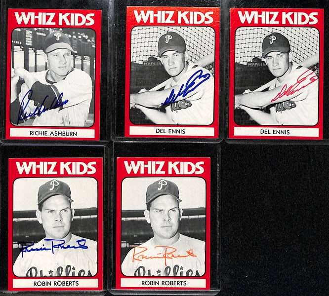 Lot of (34) 1980 TCMA Phillies Whiz Kids Cards w. (21) Autographs including Richie Ashburn, (2) Robin Roberts, (2) Del Ennis, + (Beckett BAS Reviewed)