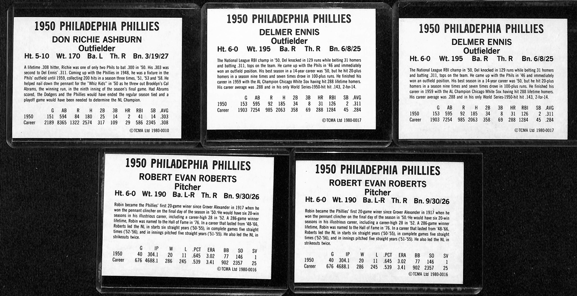 Lot of (34) 1980 TCMA Phillies Whiz Kids Cards w. (21) Autographs including Richie Ashburn, (2) Robin Roberts, (2) Del Ennis, + (Beckett BAS Reviewed)