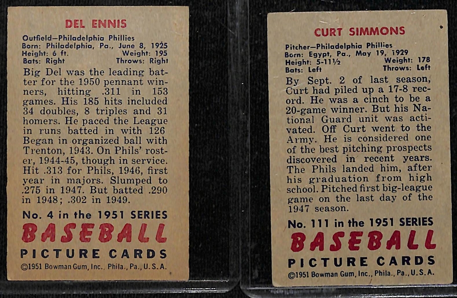 Lot of (18) 1951 Bowman Phillies Cards including Del Ennis, Curt Simmons, +