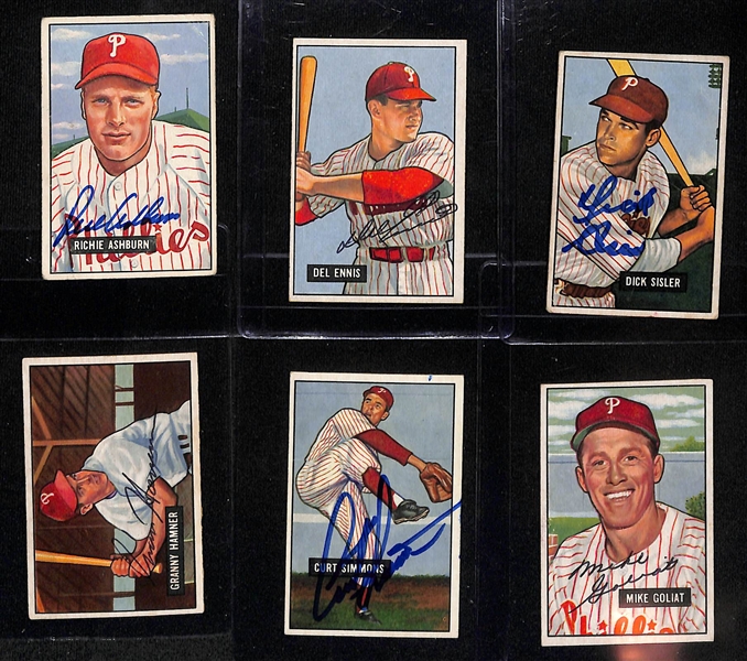 Lot of (6) Signed 1951 Bowman Phillies Cards including Richie Ashburn, Del Ennis, Dick Sisler, Granny Hamner, + (Beckett BAS Reviewed)