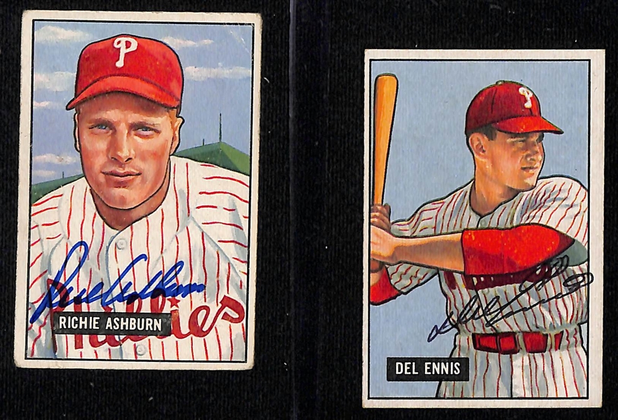 Lot of (6) Signed 1951 Bowman Phillies Cards including Richie Ashburn, Del Ennis, Dick Sisler, Granny Hamner, + (Beckett BAS Reviewed)