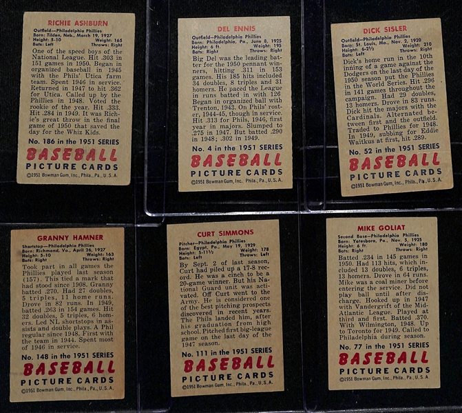 Lot of (6) Signed 1951 Bowman Phillies Cards including Richie Ashburn, Del Ennis, Dick Sisler, Granny Hamner, + (Beckett BAS Reviewed)