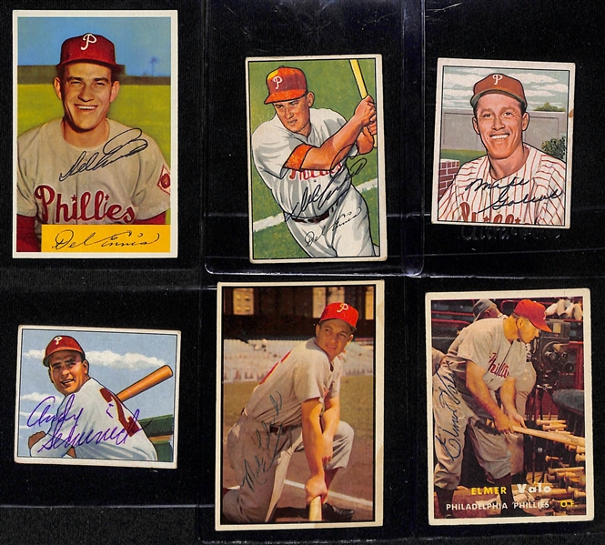 Lot of (6) Signed 1950s Phillies Cards including 1954 Bowman Del Ennis, 1952 Bowman Del Ennis, 1950 Bowman Mike Goliat, + (Beckett BAS Reviewed)