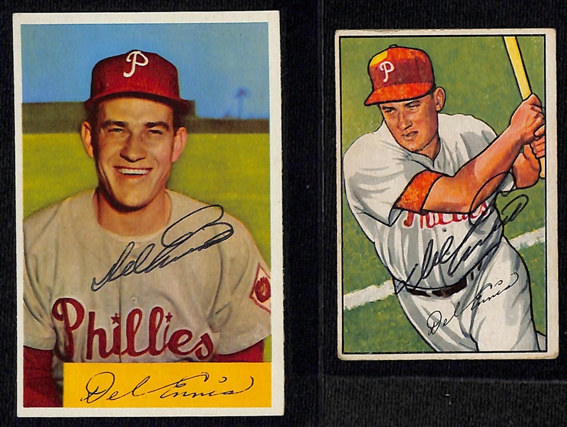 Lot of (6) Signed 1950s Phillies Cards including 1954 Bowman Del Ennis, 1952 Bowman Del Ennis, 1950 Bowman Mike Goliat, + (Beckett BAS Reviewed)